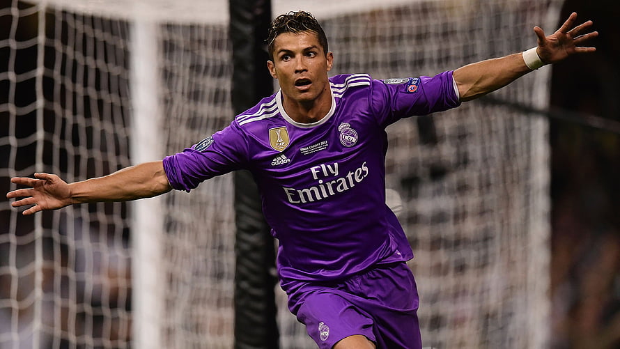 Cristiano Ronaldo in Real Madrid Purple Kit Celebrating a Goal HD wallpaper