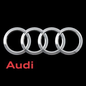 Audi Four Interlocking Rings Emblem with Red Brand Name on Black Background HD phone wallpaper