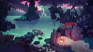 Moody Pixel Art Landscape with Campfire, Stormy Sky, and Distant Ruins HD wallpaper