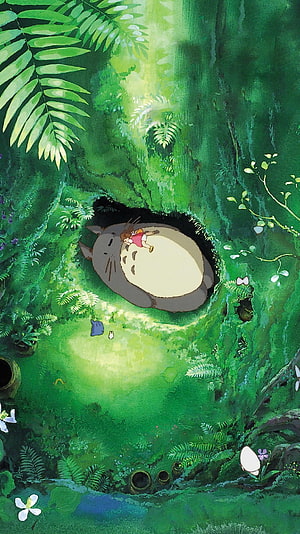 Totoro and Satsuki Resting in a Lush Forest Clearing from My Neighbor Totoro HD phone wallpaper
