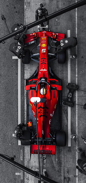 Sebastian Vettel Ferrari SF90 Formula 1 Car Overhead Pit Lane View HD phone wallpaper