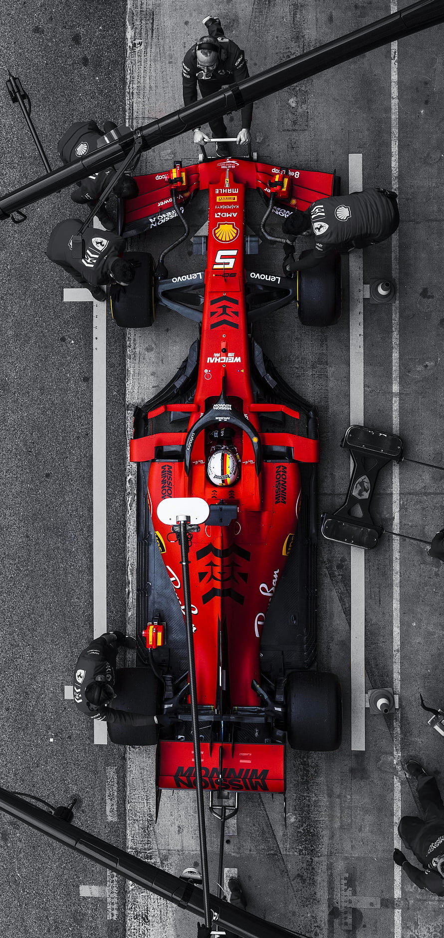 Sebastian Vettel Ferrari SF90 Formula 1 Car Overhead Pit Lane View HD phone wallpaper
