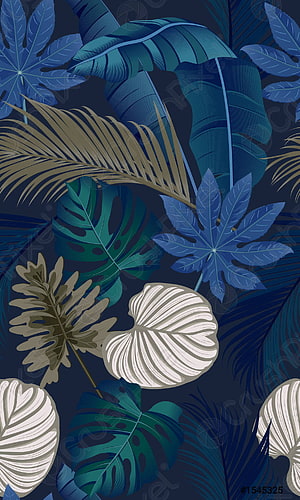 Dark Blue Tropical Leaf Pattern with Monstera and Palm Fronds HD phone wallpaper