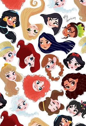 Cute Disney Princess Character Faces Pattern Illustration Wallpaper HD phone wallpaper