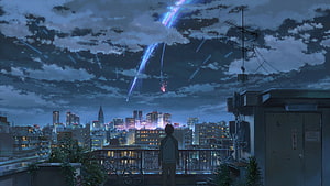 Your Name Anime Scene: Boy on Rooftop Watching Meteor Shower Over Tokyo Cityscape at Night HD wallpaper