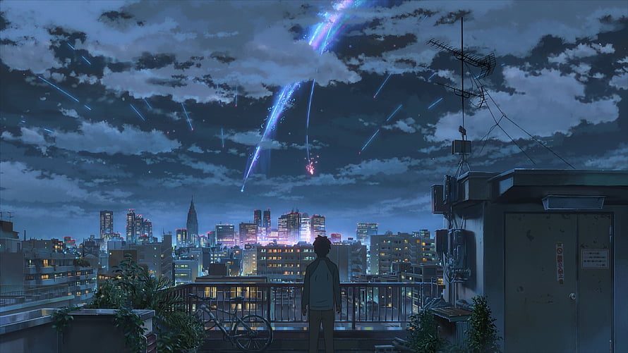 Your Name Anime Scene: Boy on Rooftop Watching Meteor Shower Over Tokyo Cityscape at Night HD wallpaper