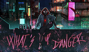 Miles Morales in Hoodie Against Neon Cyberpunk Cityscape with Graffiti Text HD wallpaper