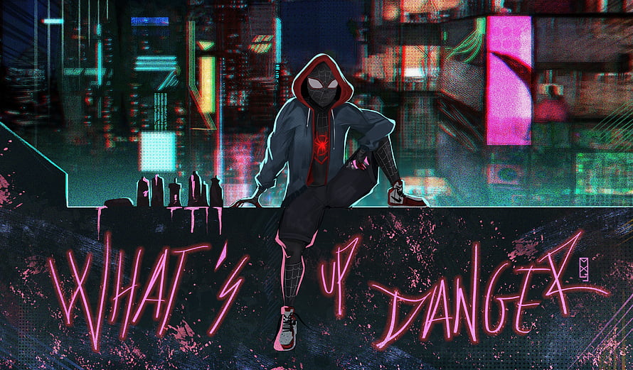 Miles Morales in Hoodie Against Neon Cyberpunk Cityscape with Graffiti Text HD wallpaper