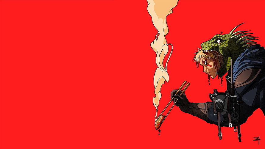 Guts from Berserk Eating Sushi with Dragon Head Helmet on Red Background HD wallpaper