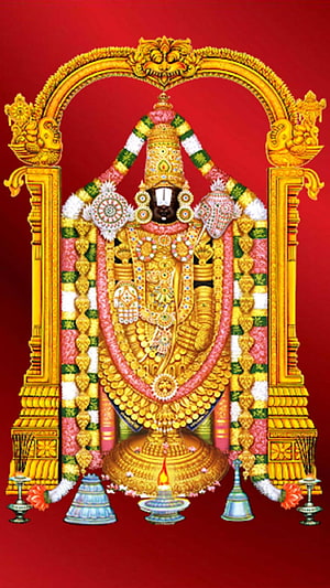 Tirupati Balaji deity adorned in gold ornaments and flower garlands on a red background HD phone wallpaper