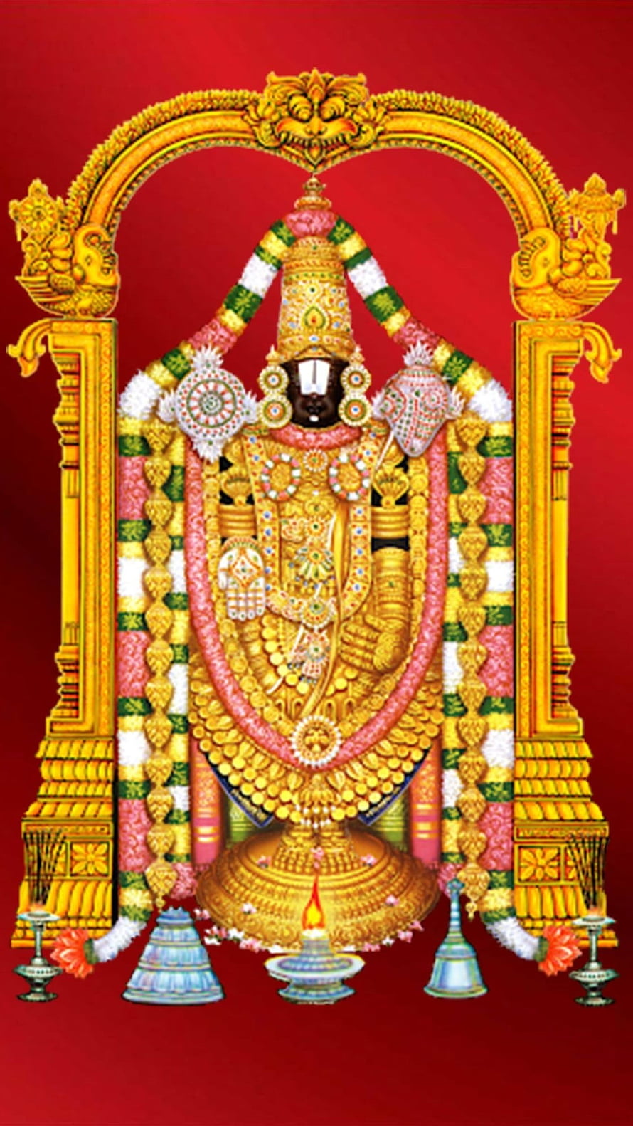 Tirupati Balaji deity adorned in gold ornaments and flower garlands on a red background HD phone wallpaper