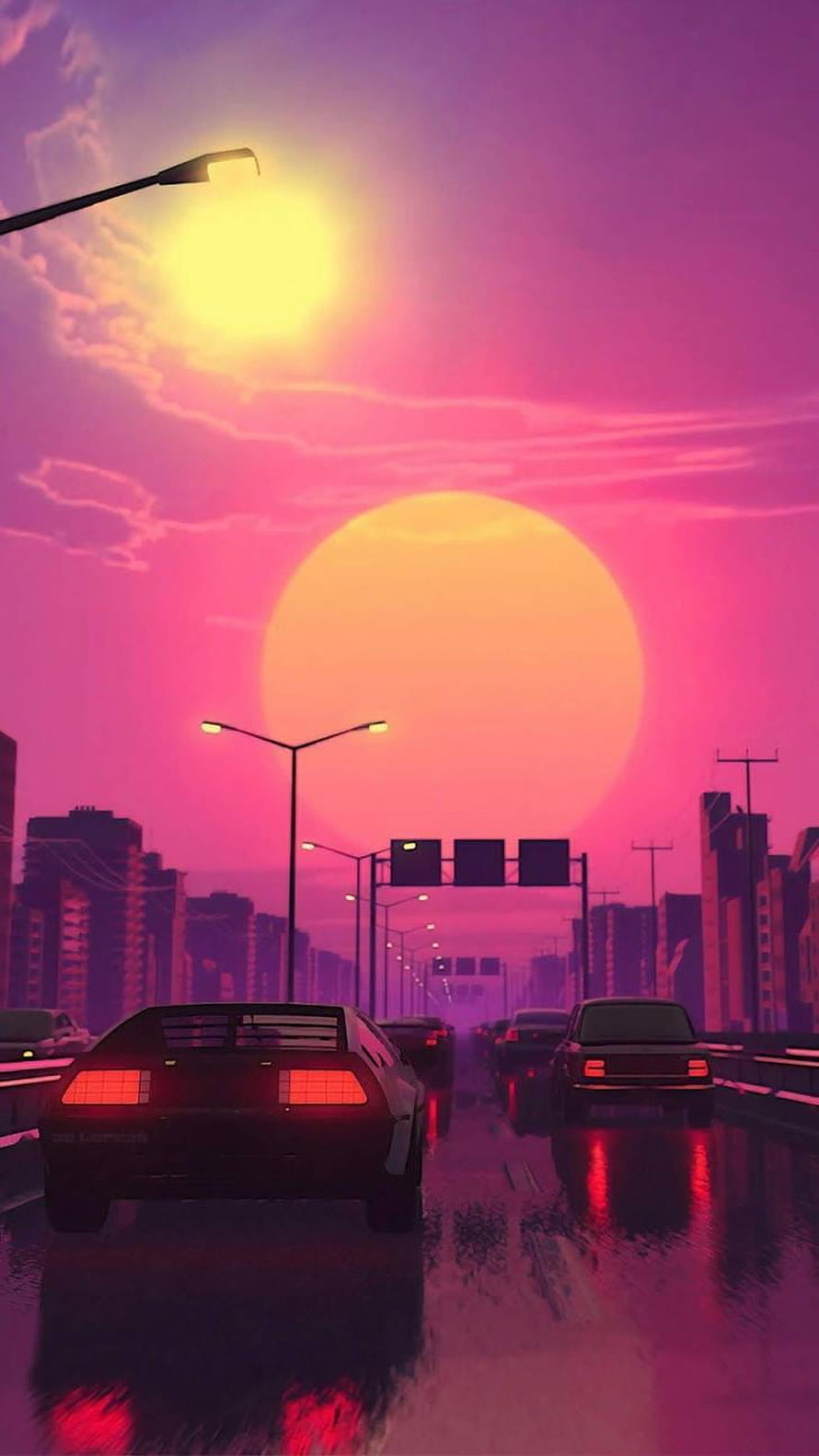Retro Synthwave Cityscape with Neon Sunset and Rainy Highway Traffic HD phone wallpaper