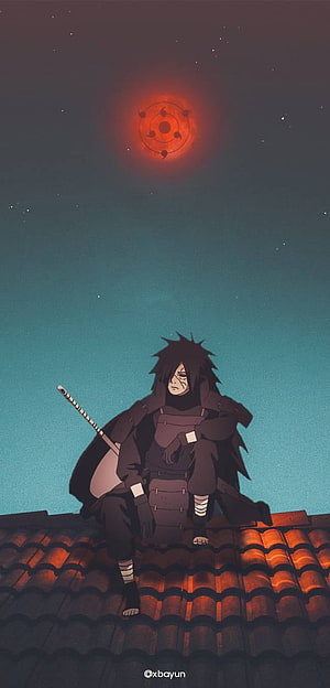 Madara Uchiha Sitting on a Rooftop Under a Glowing Red Eye Symbol at Night HD phone wallpaper