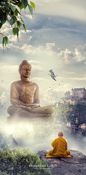 Buddha statue and meditating monk in a serene misty mountain landscape HD phone wallpaper