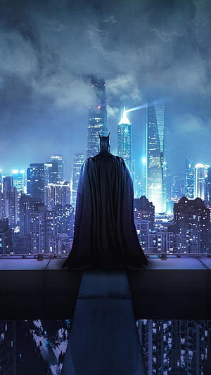 Batman standing on rooftop overlooking futuristic city skyline at night, Batman Standing on the Rooftop . Batman , Batman poster, Batman, Batman Arkham City HD phone wallpaper