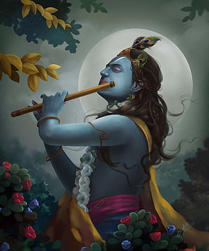 Lord Krishna Playing Flute Under Full Moon Digital Art Wallpaper HD phone wallpaper
