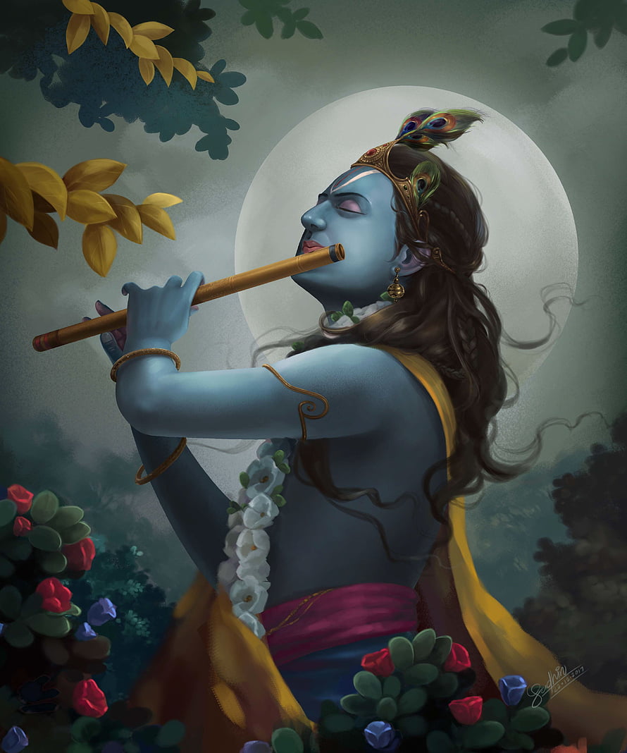 Lord Krishna Playing Flute Under Full Moon Digital Art Wallpaper HD phone wallpaper