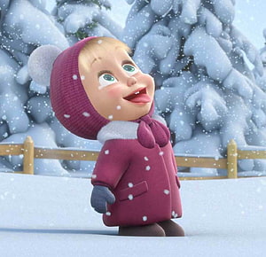 Masha from Masha and the Bear in a pink winter coat standing in the snow HD wallpaper
