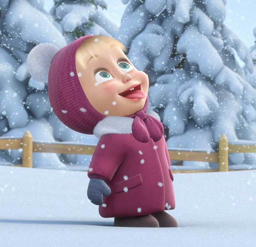 Masha from Masha and the Bear in a pink winter coat standing in the snow HD wallpaper