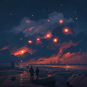 Couple Silhouetted on Rooftop Under Dramatic Fiery Clouds and Glowing Embers at Night HD phone wallpaper