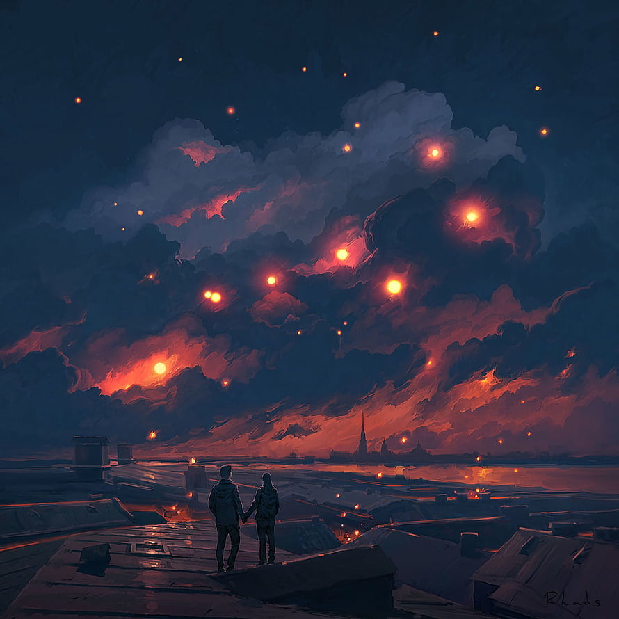 Couple Silhouetted on Rooftop Under Dramatic Fiery Clouds and Glowing Embers at Night HD phone wallpaper
