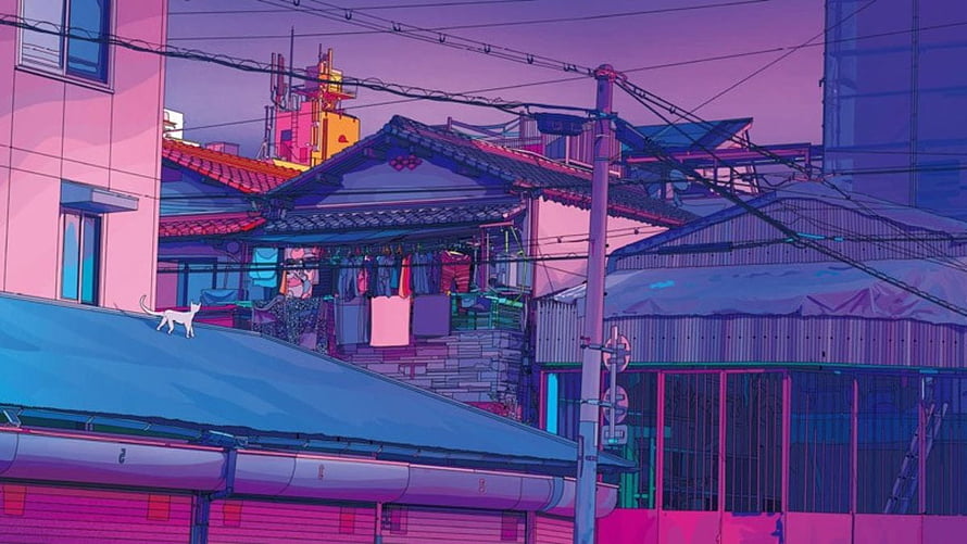 Lo-fi Anime Cityscape with Cat on Roof and Hanging Laundry HD wallpaper