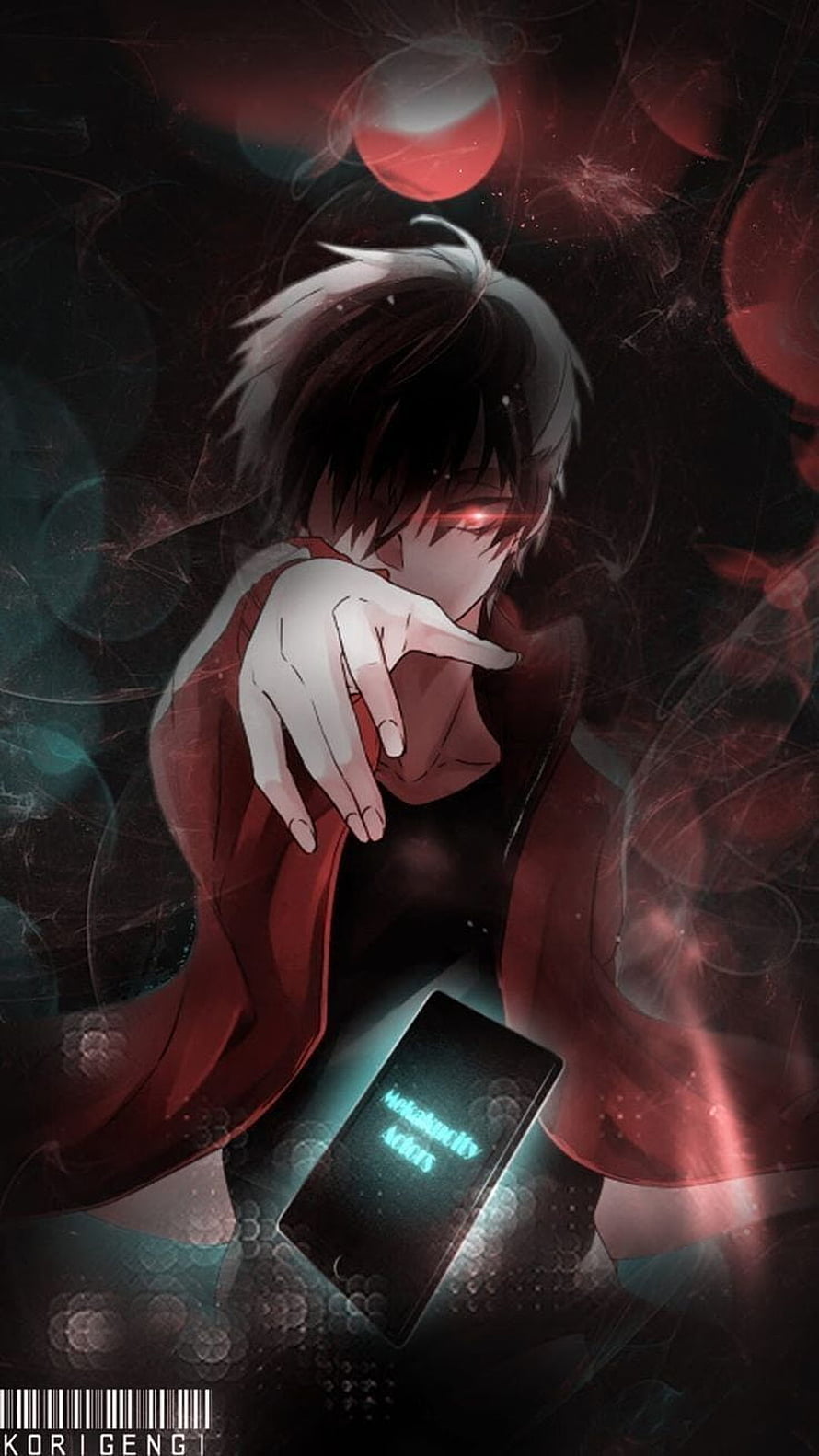 Anime boy with glowing red eyes and smartphone in dark moody atmosphere HD phone wallpaper