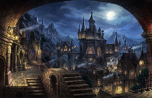 Dark Medieval Fantasy Castle at Night with Full Moon and Misty Mountains HD wallpaper