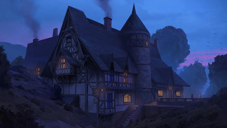 Cozy Medieval Half-Timbered Inn at Dusk with Glowing Windows and Misty Hills HD wallpaper