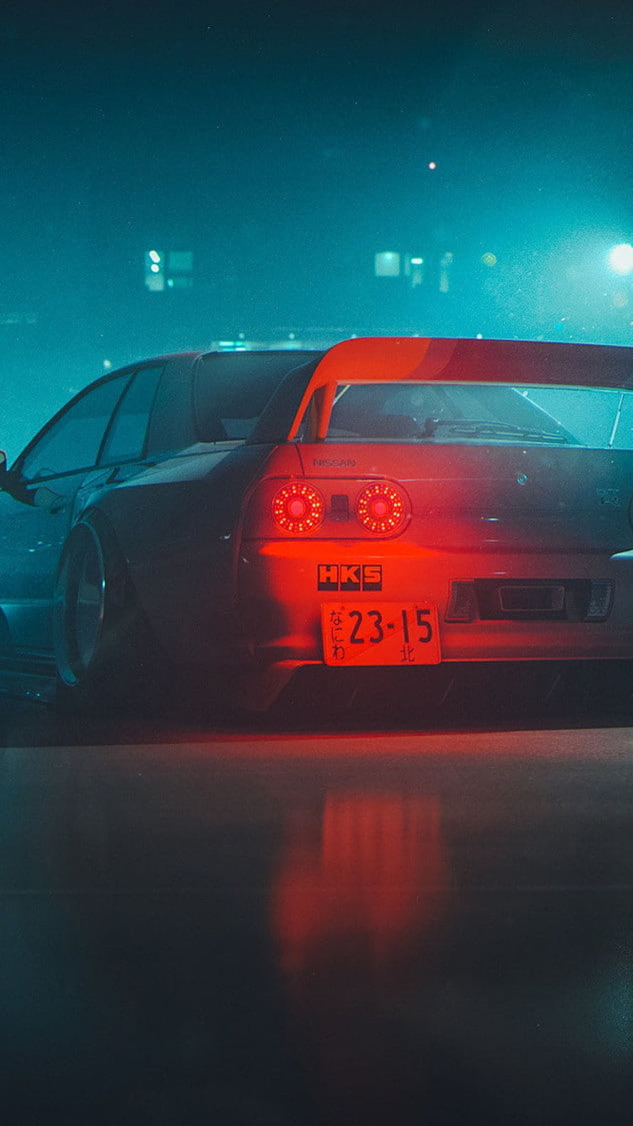 Nissan Skyline GT-R R34 rear view with HKS spoiler and red taillights in a moody neon-lit night scene HD phone wallpaper