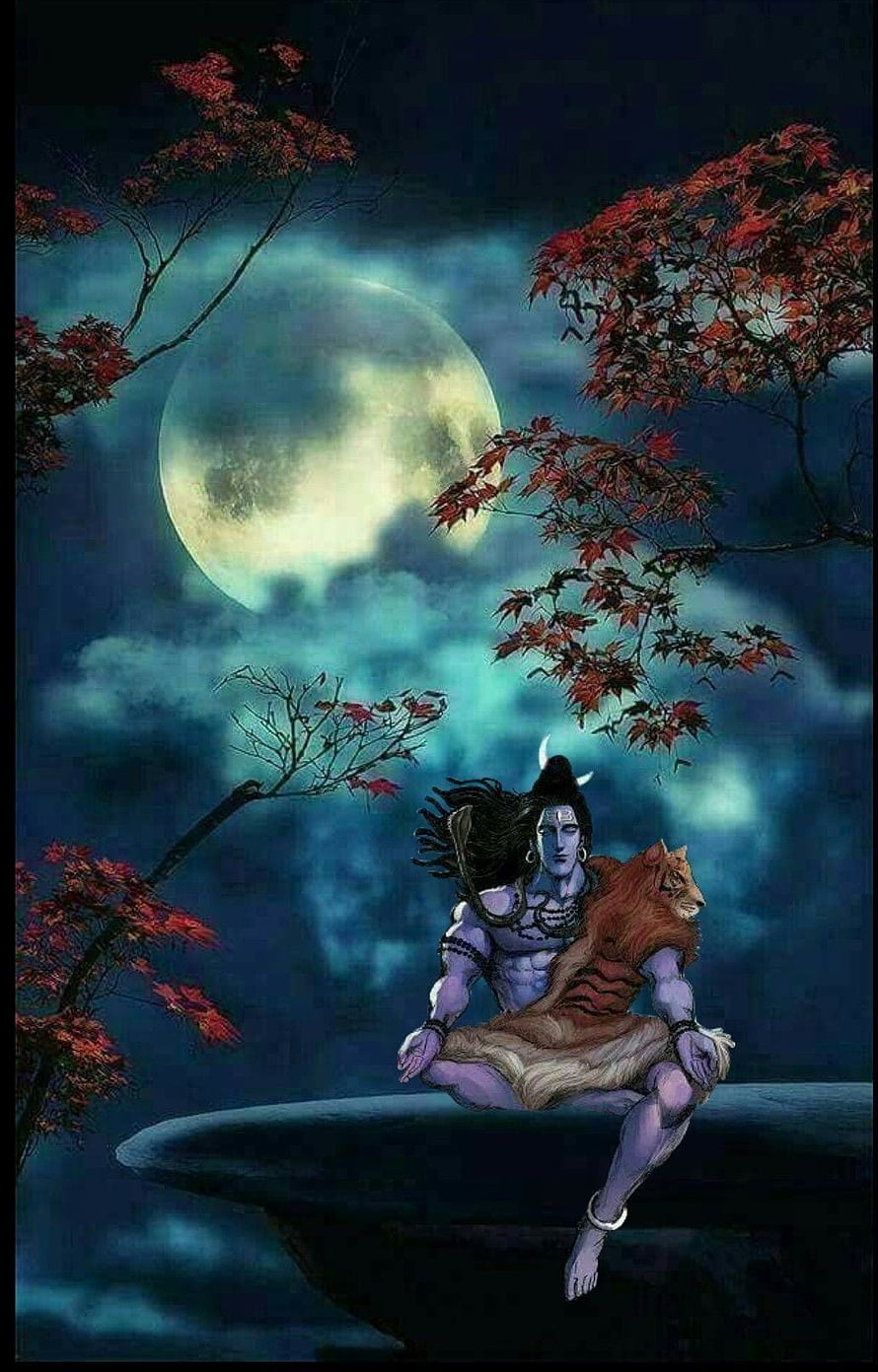 Blue-skinned Hindu deity Shiva sitting on a rock with a tiger skin under a full moon and red maple leaves HD phone wallpaper