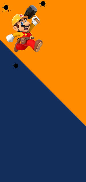 Super Mario Odyssey Construction Mario with Hammer on Orange and Blue Background HD phone wallpaper