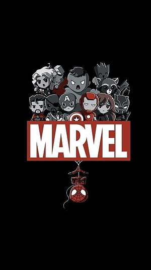Chibi Marvel Avengers Team with Spider-Man Hanging Below Logo on Black Background, Fond d cran Mini Avengers / Marvel / spiderman / #marvel #mcu #avengers #spide in 2020. Marvel background, Avengers , Marvel comics HD phone wallpaper
