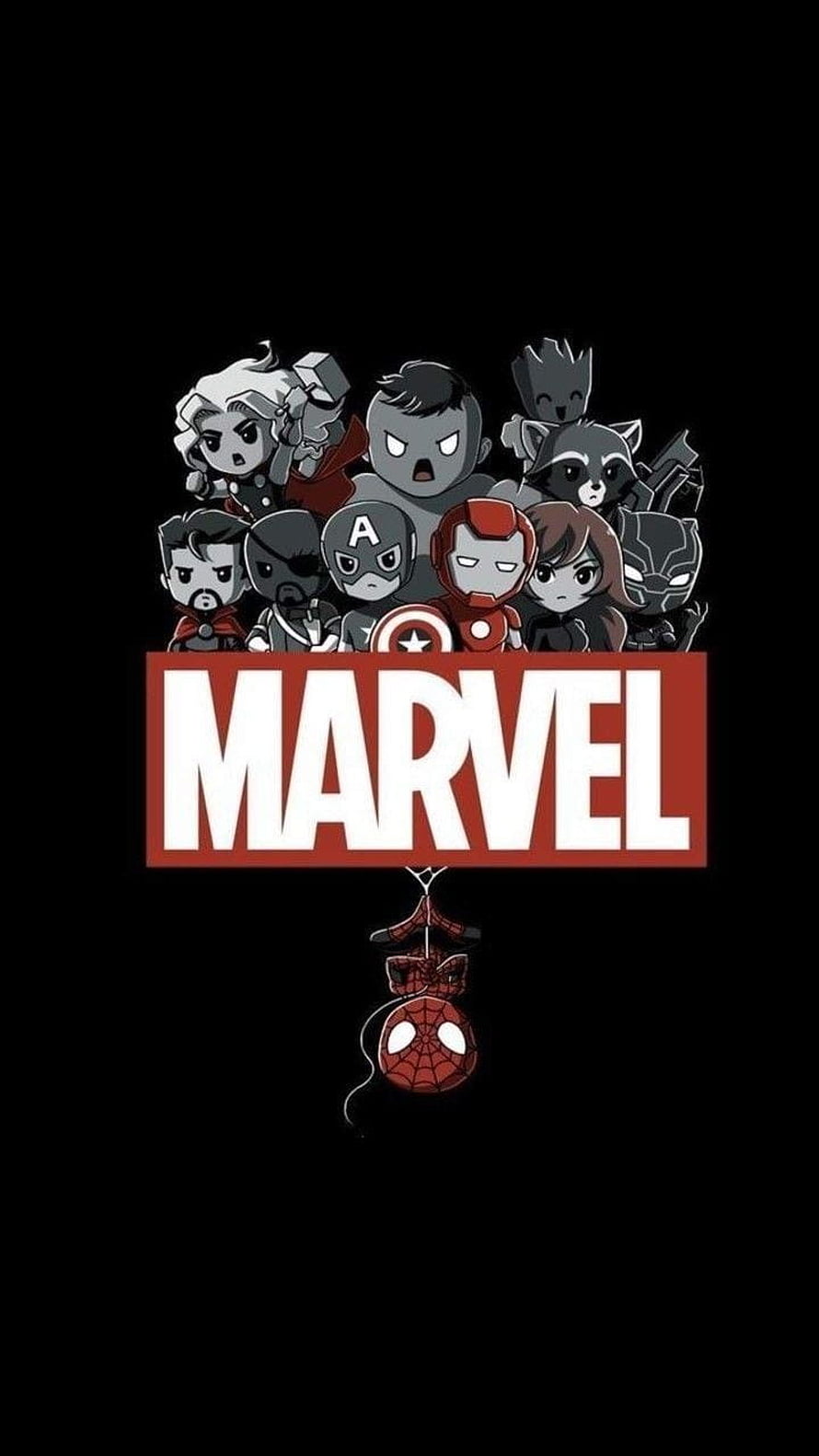 Chibi Marvel Avengers Team with Spider-Man Hanging Below Logo on Black Background, Fond d cran Mini Avengers / Marvel / spiderman / #marvel #mcu #avengers #spide in 2020. Marvel background, Avengers , Marvel comics HD phone wallpaper