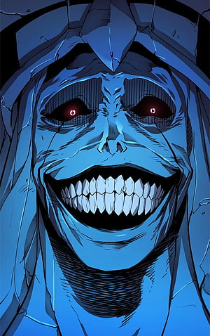 Creepy Blue Demon Face With Glowing Red Eyes And Wide Grin HD phone wallpaper