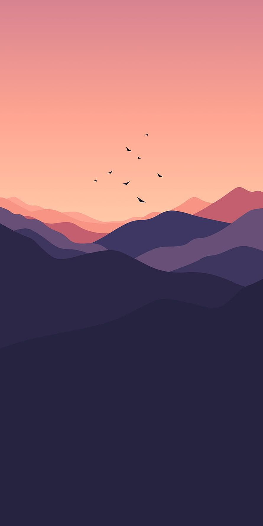 Minimalist Mountain Landscape at Sunset with Birds in Flat Design Style HD phone wallpaper