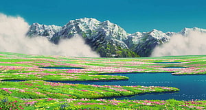 Howl's Moving Castle Animated Landscape with Snowy Mountains and Flower Fields HD wallpaper