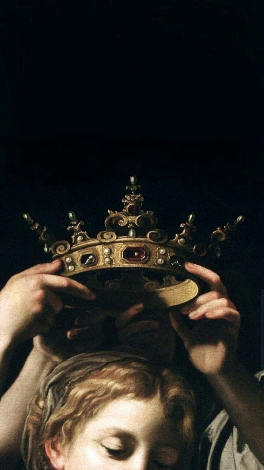 Renaissance Painting of Hands Placing an Ornate Gold Crown on a Young Child HD phone wallpaper