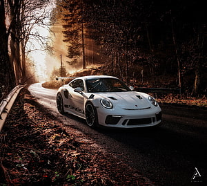 White Porsche 911 GT3 RS driving on a winding forest road with golden sunlight HD wallpaper