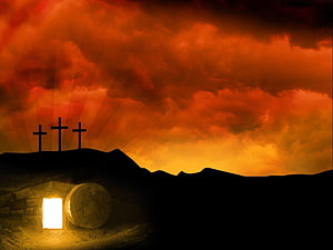 Easter Resurrection Scene with Three Crosses and Empty Tomb at Sunset HD wallpaper