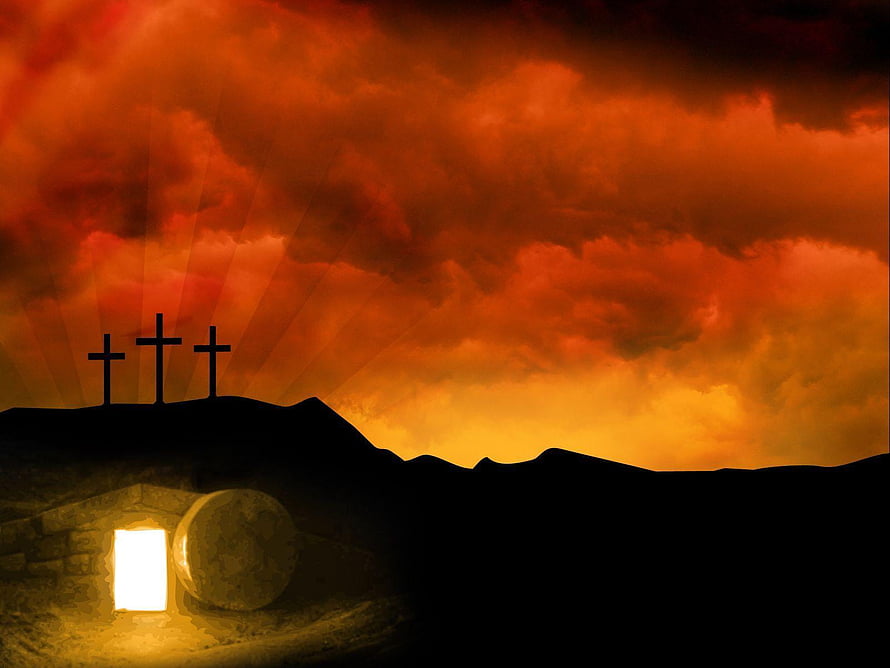 Easter Resurrection Scene with Three Crosses and Empty Tomb at Sunset HD wallpaper