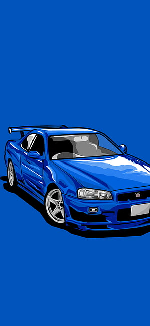 Nissan Skyline R34 GT-R Blue Digital Illustration on Solid Blue Background HD phone wallpaper
