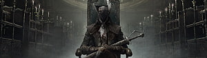 Bloodborne The Old Hunters cinematic scene of a hooded figure seated on a throne in a candlelit hall HD wallpaper