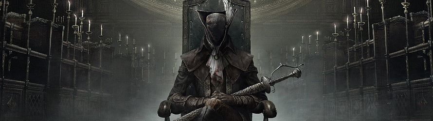 Bloodborne The Old Hunters cinematic scene of a hooded figure seated on a throne in a candlelit hall HD wallpaper