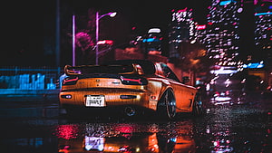 Orange Mazda RX-7 FD Night Drive in Rainy City with Neon Reflections HD wallpaper
