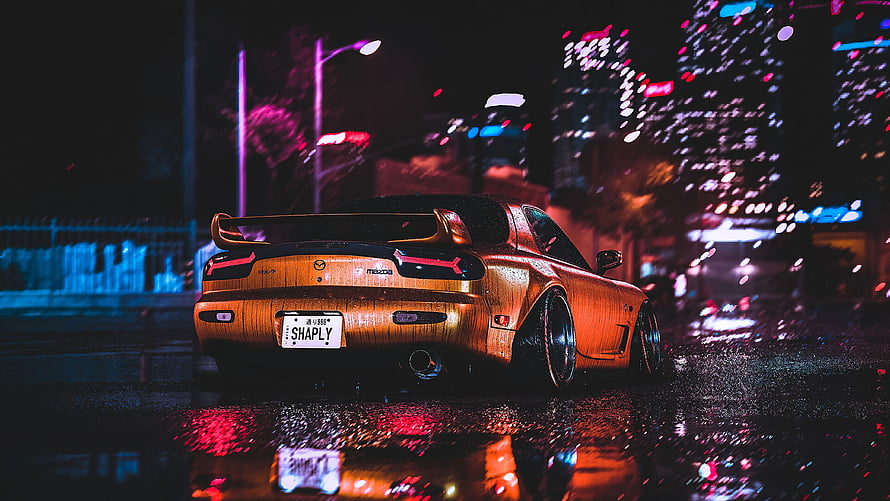 Orange Mazda RX-7 FD Night Drive in Rainy City with Neon Reflections HD wallpaper