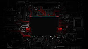 Dark Cyberpunk Circuit Board Background with Red Neon Traces and Central Black Screen HD wallpaper