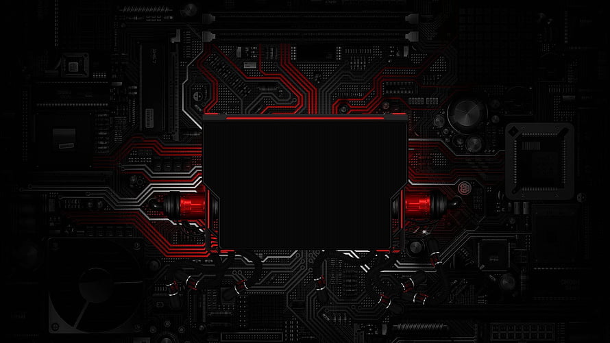 Dark Cyberpunk Circuit Board Background with Red Neon Traces and Central Black Screen HD wallpaper