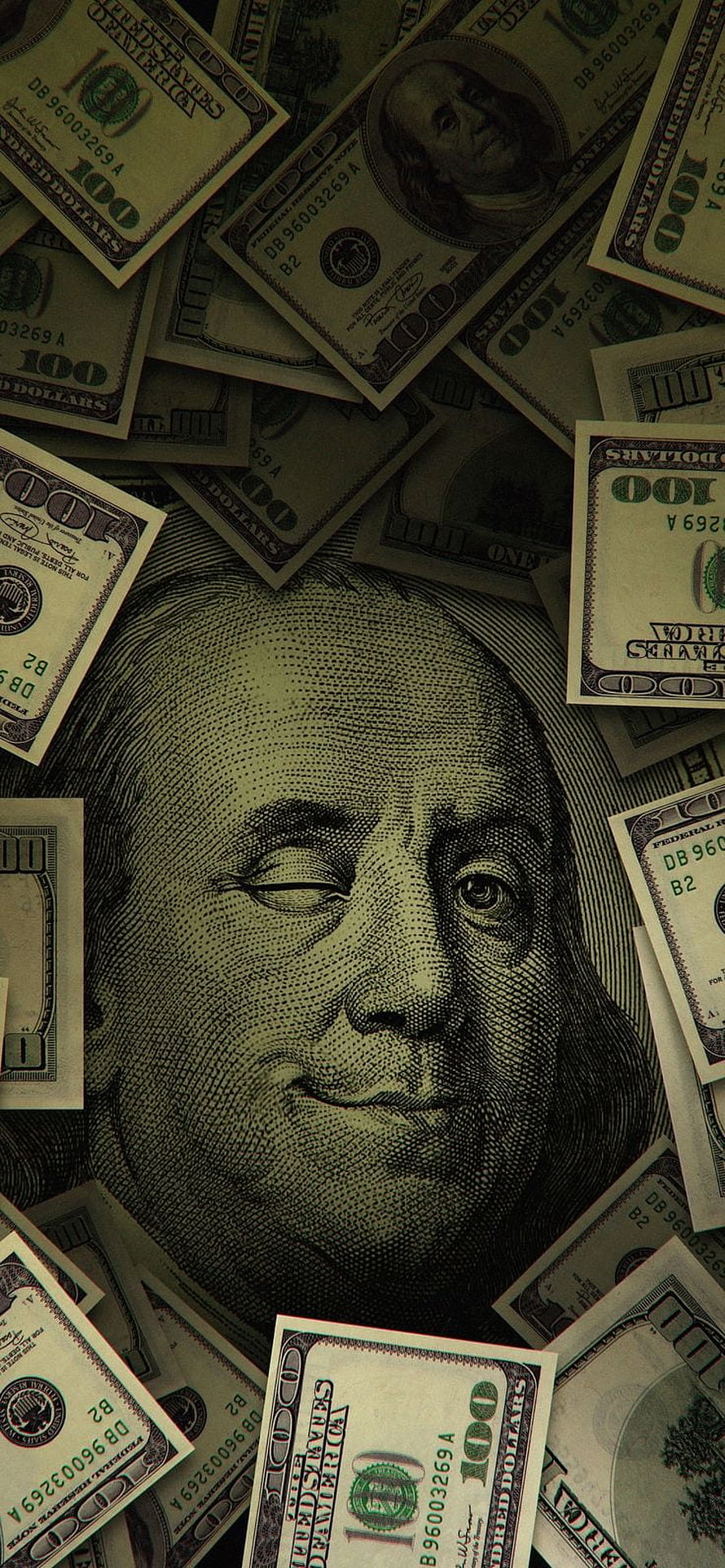 Benjamin Franklin Portrait Winking Amidst Scattered One Hundred Dollar Bills HD phone wallpaper
