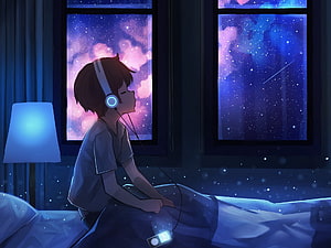 Anime Boy Listening to Music on Bed Under Starry Night Sky HD wallpaper